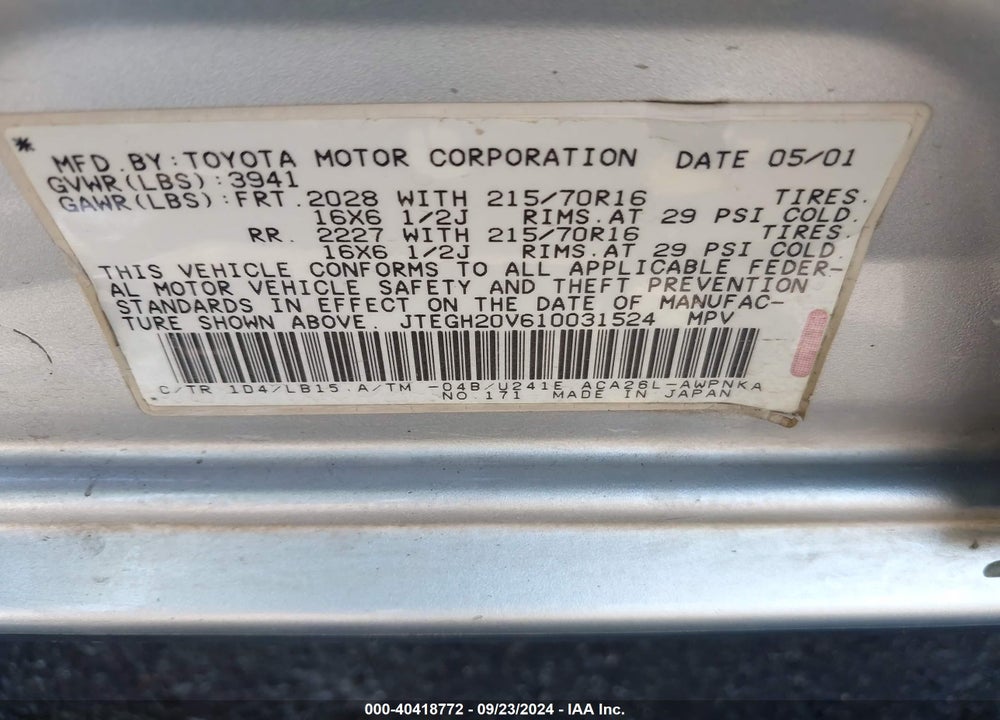 2001 TOYOTA RAV4 VIN: JTEGH20V610031524