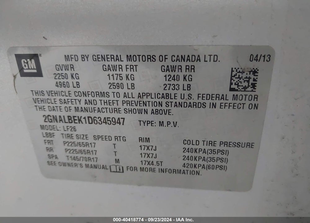 2013 CHEVROLET EQUINOX LS VIN: 2GNALBEK1D6345947