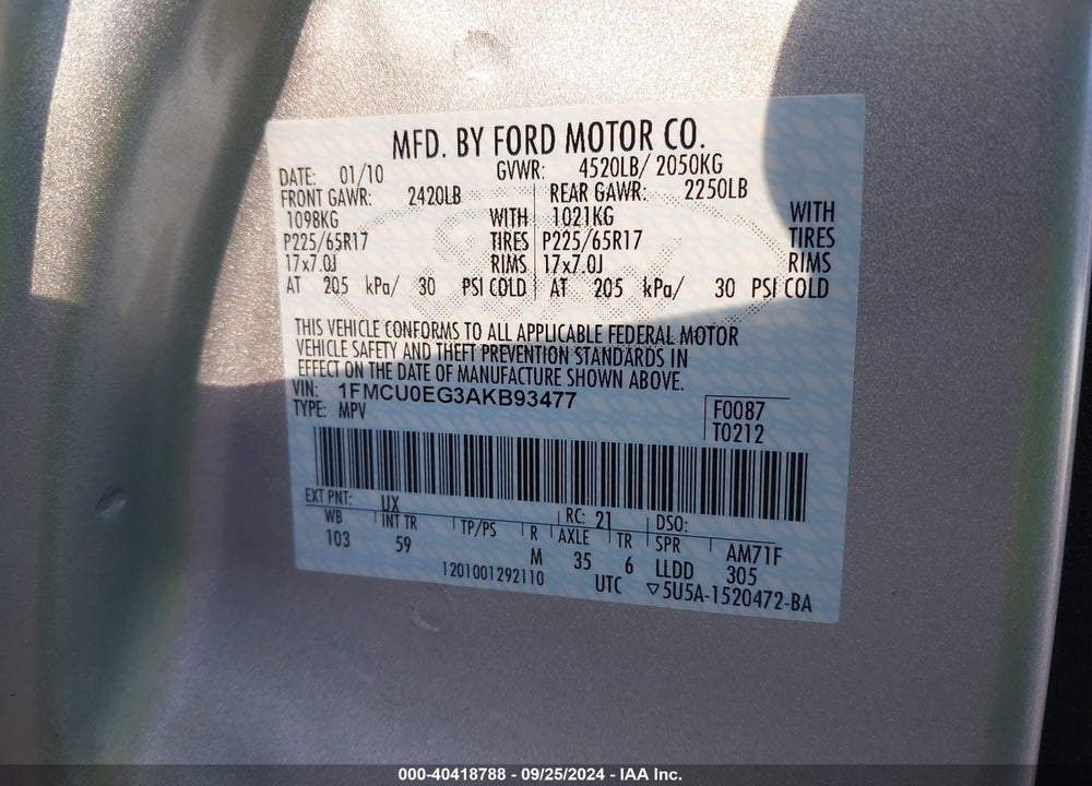 2010 FORD ESCAPE LIMITED VIN: 1FMCU0EG3AKB93477