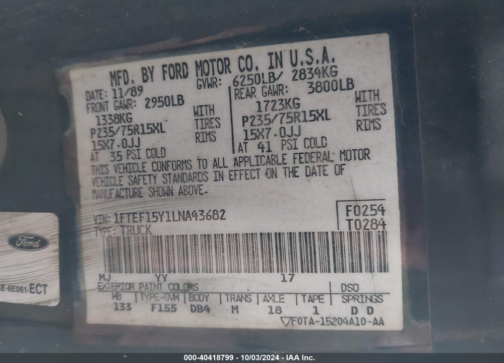 1990 FORD F150 VIN: 1FTEF15Y1LNA43682