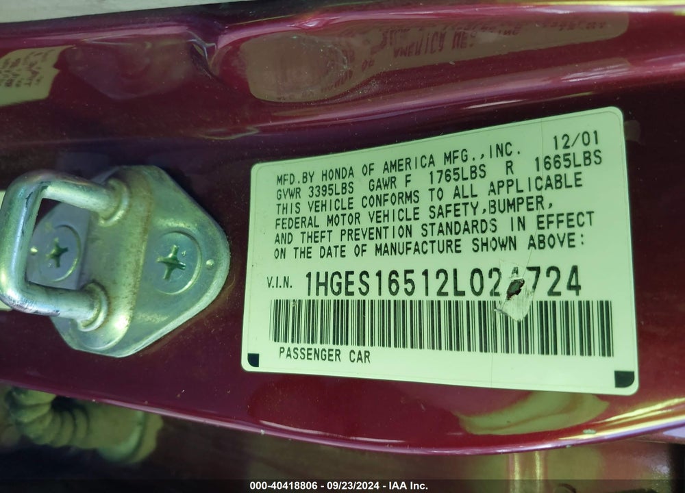 2002 HONDA CIVIC LX VIN: 1HGES16512L024724