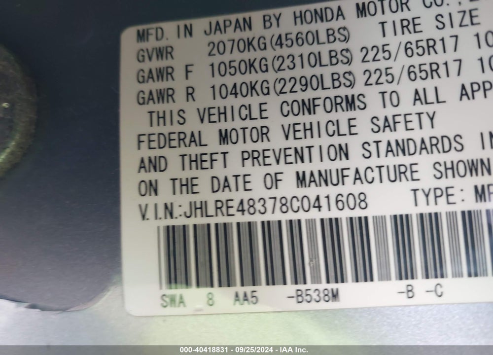2008 HONDA CR-V LX VIN: JHLRE48378C041608