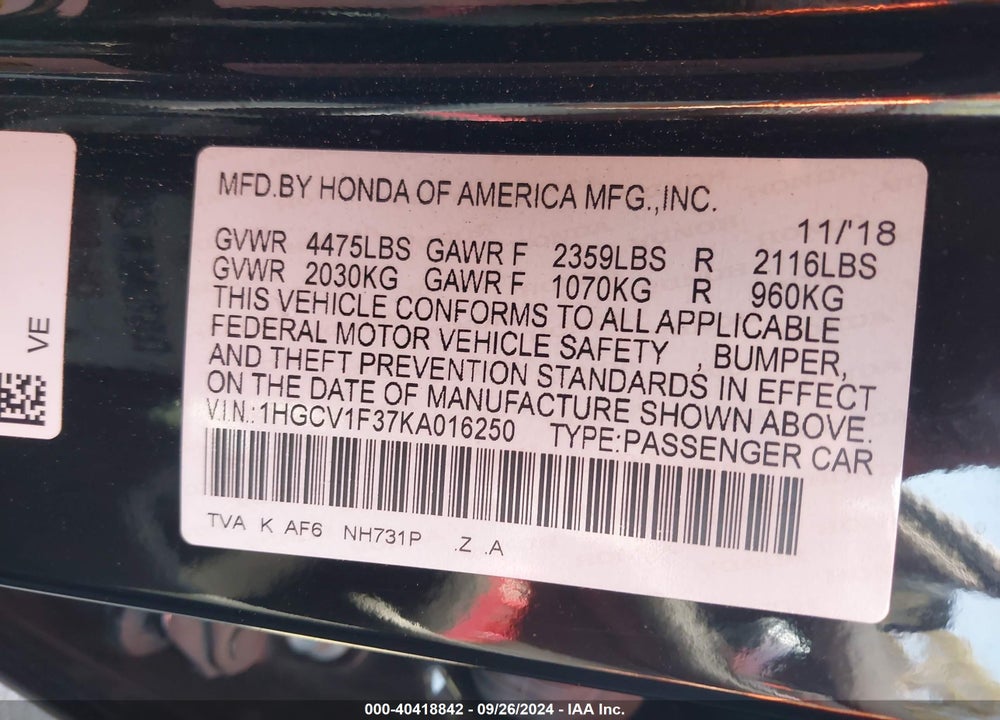 2019 HONDA ACCORD SPORT VIN: 1HGCV1F37KA016250