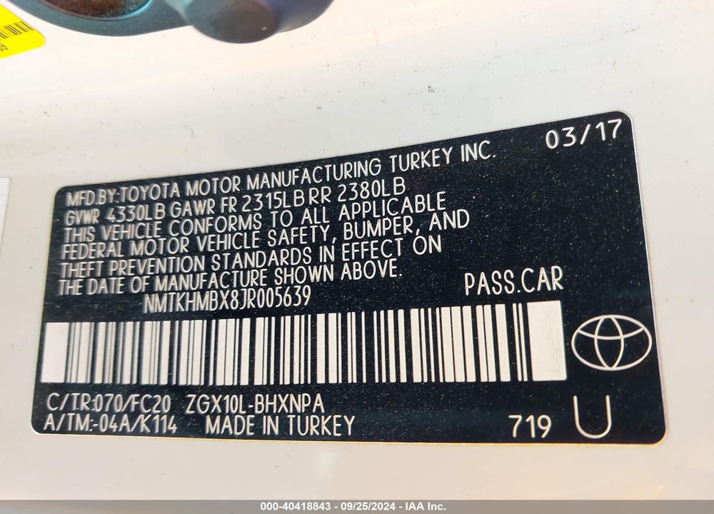 2018 TOYOTA C-HR XLE PREMIUM VIN: NMTKHMBX8JR005639
