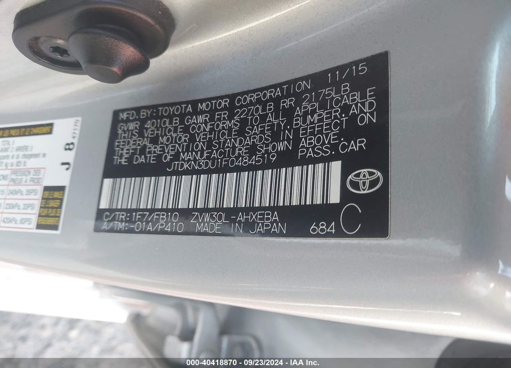 2015 TOYOTA PRIUS THREE VIN: JTDKN3DU1F0484519