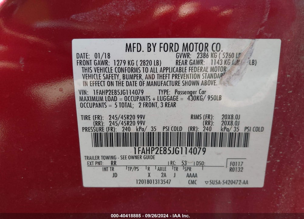 2018 FORD TAURUS SEL VIN: 1FAHP2E85JG114079