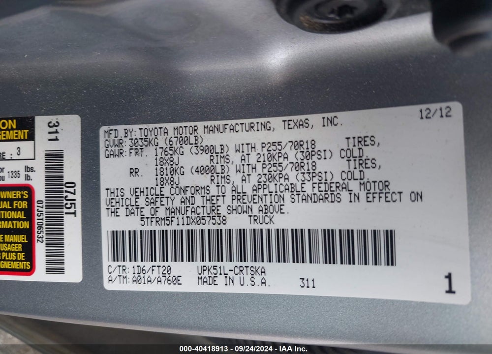 2013 TOYOTA TUNDRA GRADE 4.6L V8 VIN: 5TFRM5F11DX057538