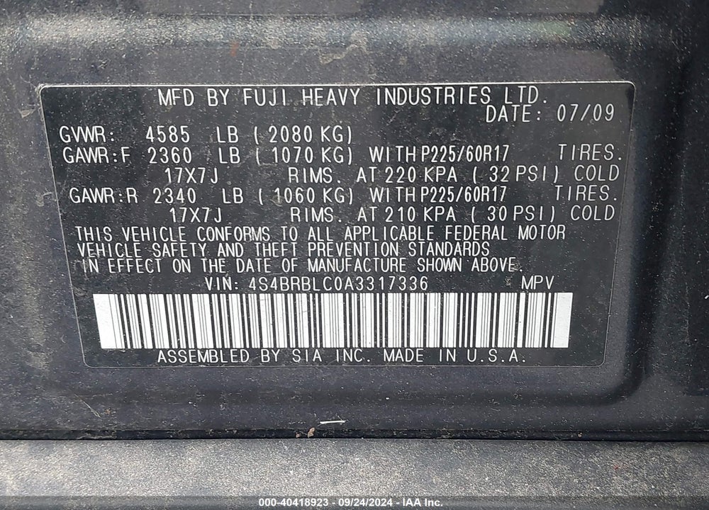 2010 SUBARU OUTBACK 2.5I LIMITED VIN: 4S4BRBLC0A3317336