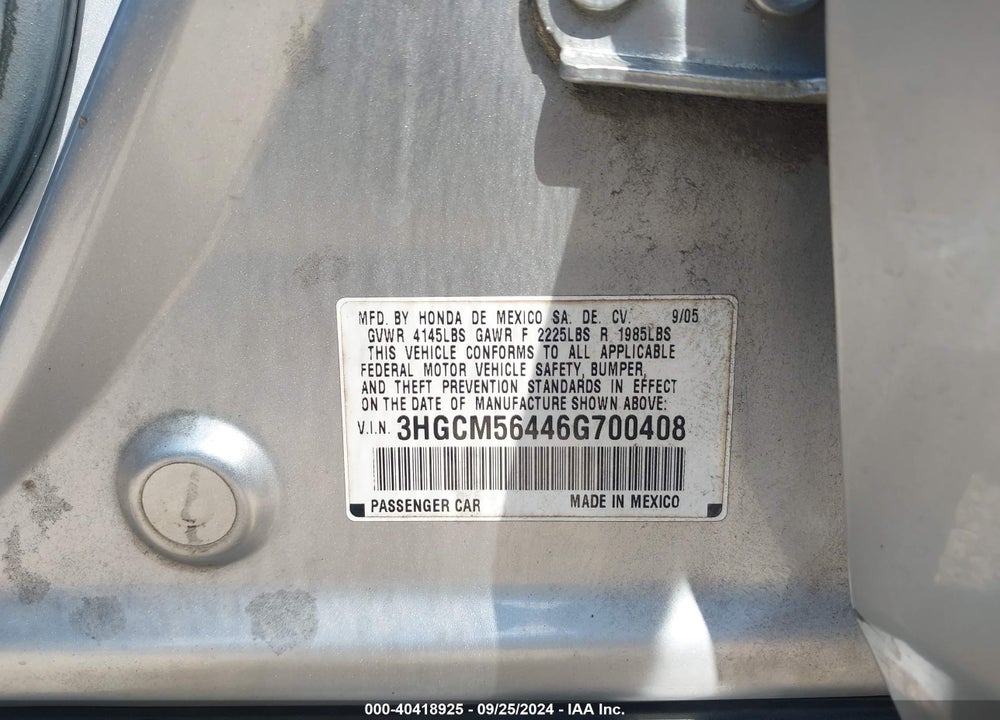 2006 HONDA ACCORD 2.4 LX VIN: 3HGCM56446G700408