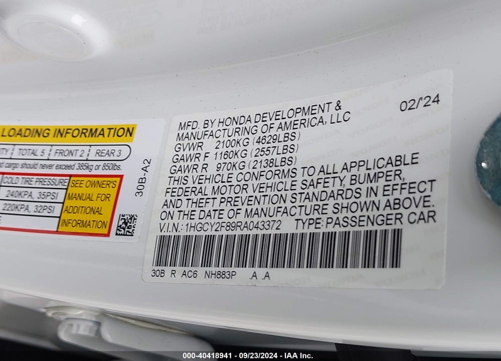 2024 HONDA ACCORD HYBRID TOURING VIN: 1HGCY2F89RA043372