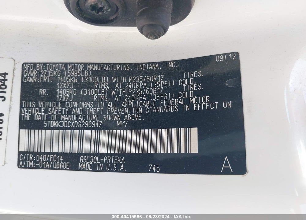 2013 TOYOTA SIENNA LE V6 8 PASSENGER VIN: 5TDKK3DCXDS296947