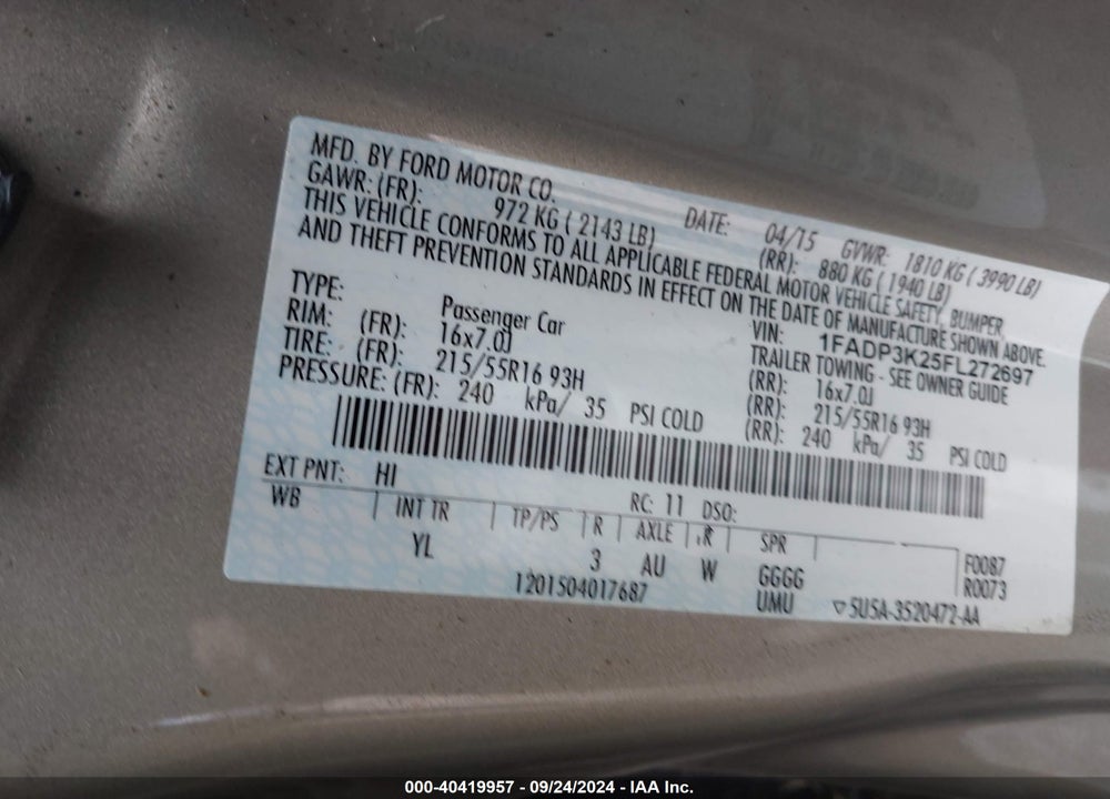 2015 FORD FOCUS SE VIN: 1FADP3K25FL272697
