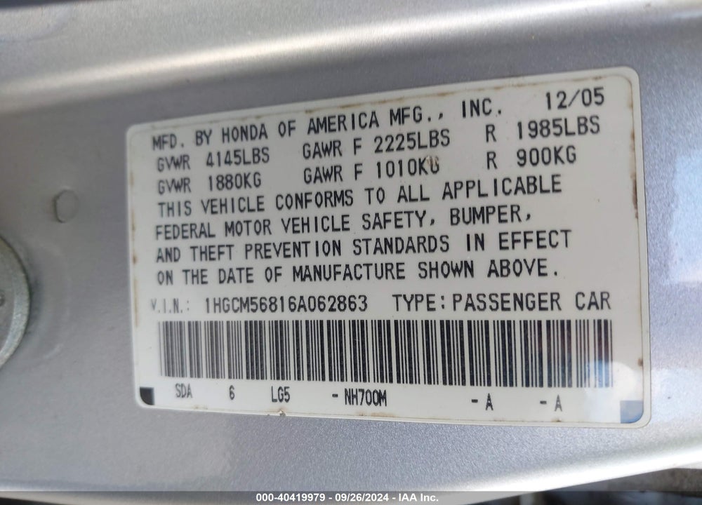 2006 HONDA ACCORD VIN: 1HGCM56816A062863