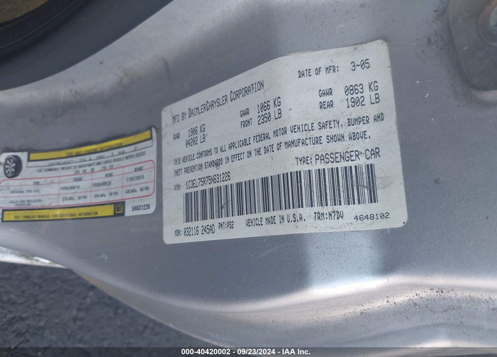 2005 CHRYSLER SEBRING GTC VIN: 1C3EL75R75N631226