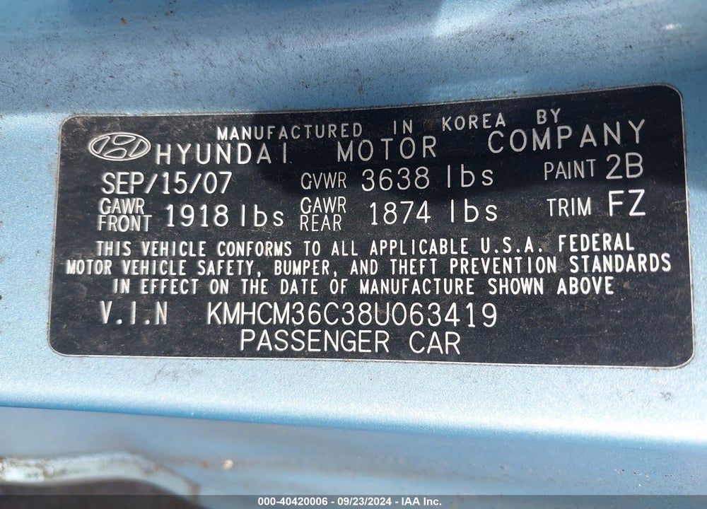 2008 HYUNDAI ACCENT GS VIN: KMHCM36C38U063419