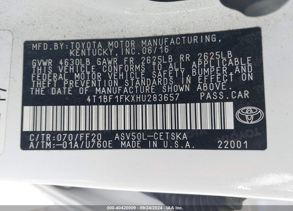 2017 TOYOTA CAMRY SE VIN: 4T1BF1FKXHU283657