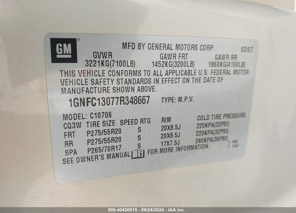 2007 CHEVROLET TAHOE LTZ VIN: 1GNFC13077R348667