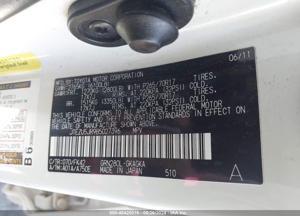 2011 TOYOTA 4RUNNER SR5 V6 VIN: JTEZU5JR9B5027396