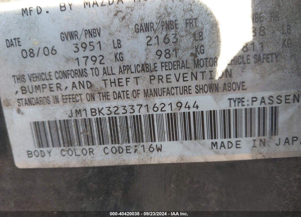 2007 MAZDA 3 S SPORT VIN: JM1BK323371621944