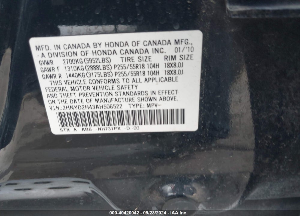2010 ACURA MDX TECHNOLOGY PACKAGE VIN: 2HNYD2H43AH506522