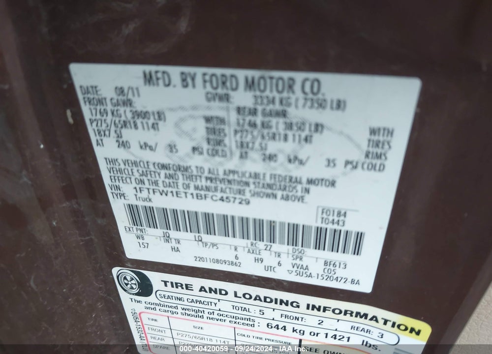 2011 FORD F-150 LARIAT VIN: 1FTFW1ET1BFC45729