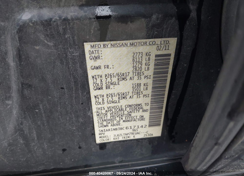 2011 NISSAN PATHFINDER SV VIN: 5N1AR1NB3BC617142