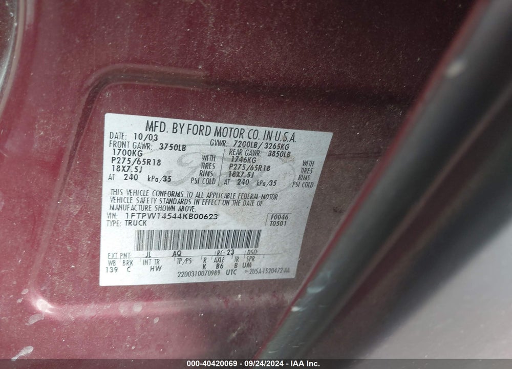 2004 FORD F-150 FX4/LARIAT/XLT VIN: 1FTPW14544KB00623