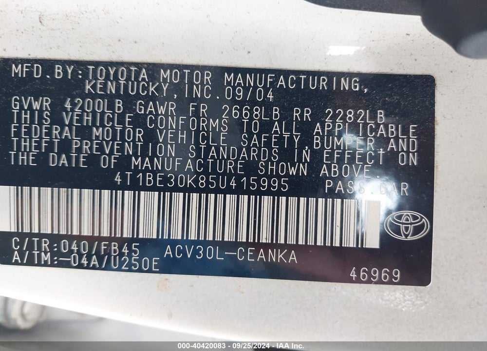 2005 TOYOTA CAMRY LE VIN: 4T1BE30K85U415995