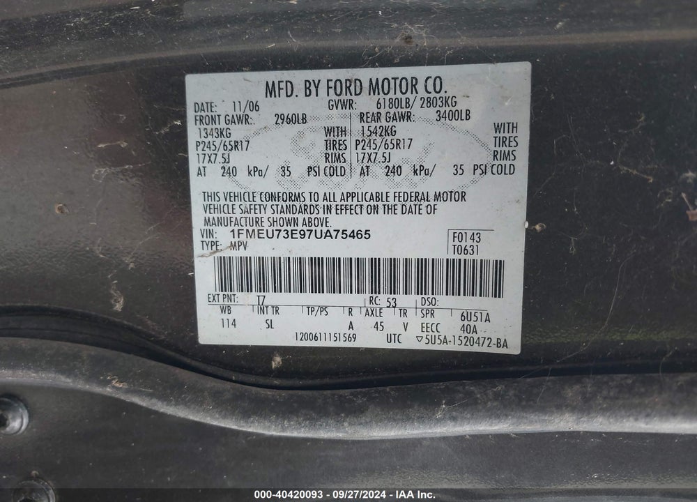 2007 FORD EXPLORER XLT VIN: 1FMEU73E97UA75465