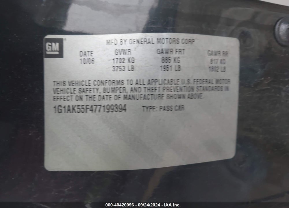 2007 CHEVROLET COBALT LS VIN: 1G1AK55F477199394