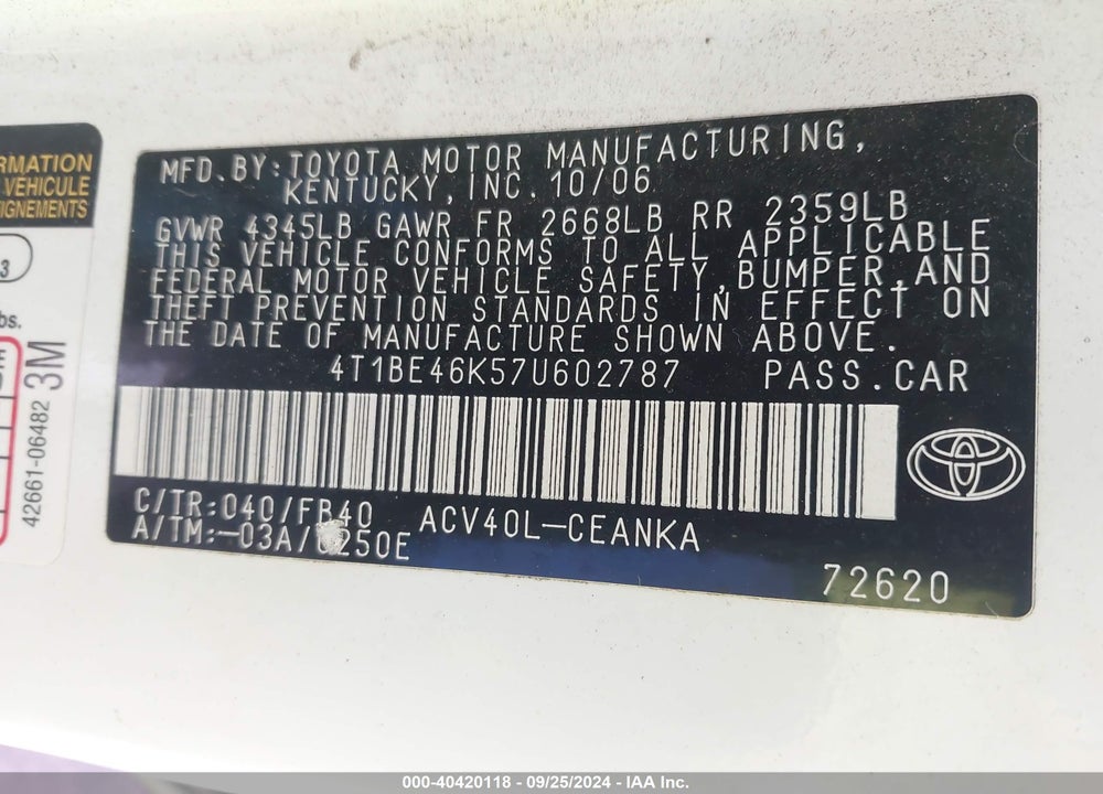2007 TOYOTA CAMRY CE VIN: 4T1BE46K57U602787
