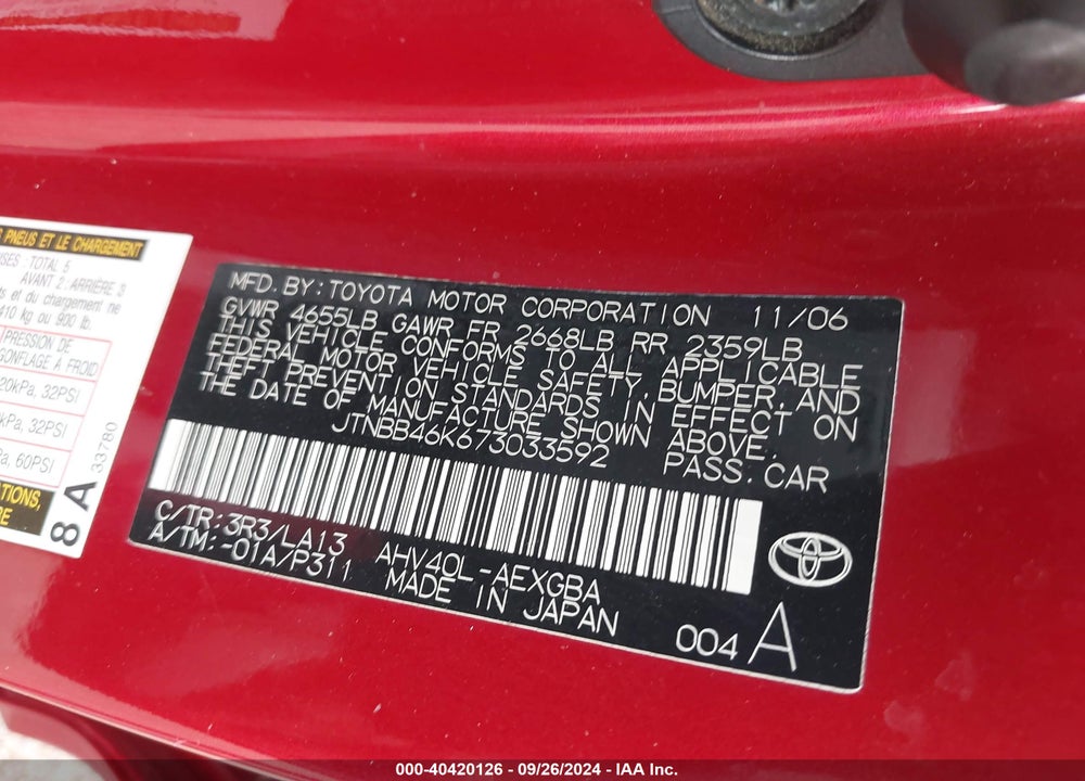 2007 TOYOTA CAMRY HYBRID VIN: JTNBB46K673033592