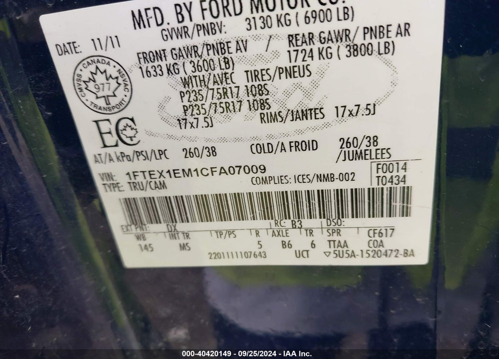2012 FORD F-150 XLT VIN: 1FTEX1EM1CFA07009