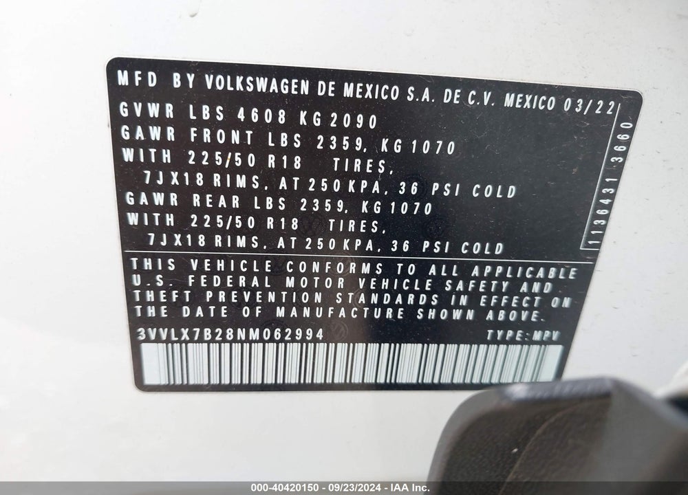 2022 VOLKSWAGEN TAOS 1.5T SE VIN: 3VVLX7B28NM062994