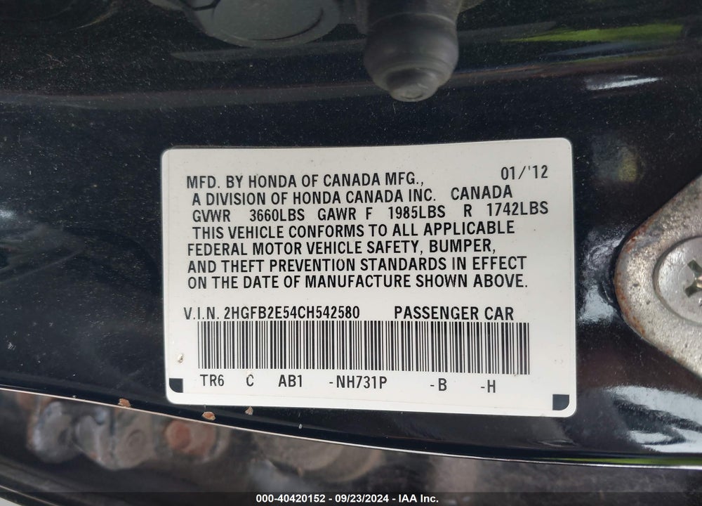 2012 HONDA CIVIC LX VIN: 2HGFB2E54CH542580