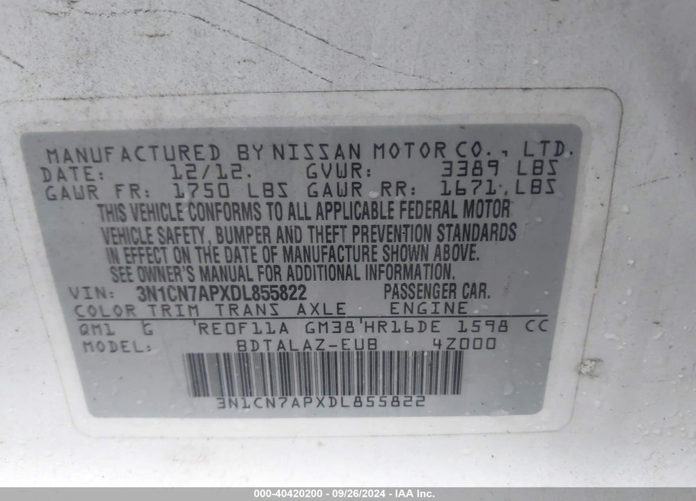 2013 NISSAN VERSA 1.6 S+ VIN: 3N1CN7APXDL855822