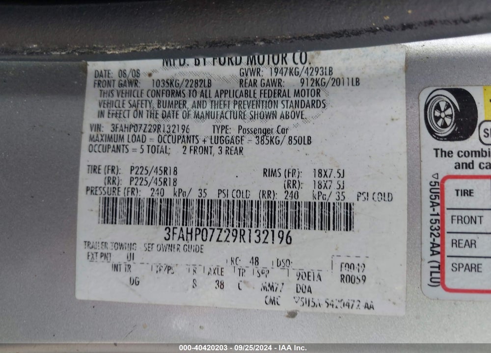 2009 FORD FUSION SE VIN: 3FAHP07Z29R132196
