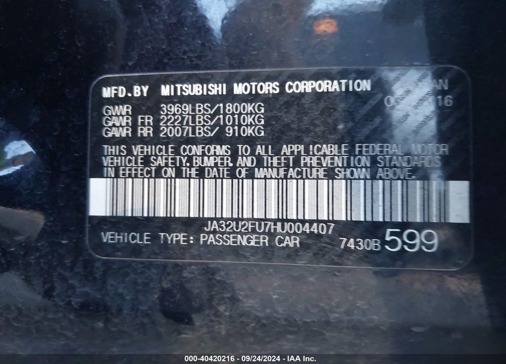2017 MITSUBISHI LANCER ES VIN: JA32U2FU7HU004407