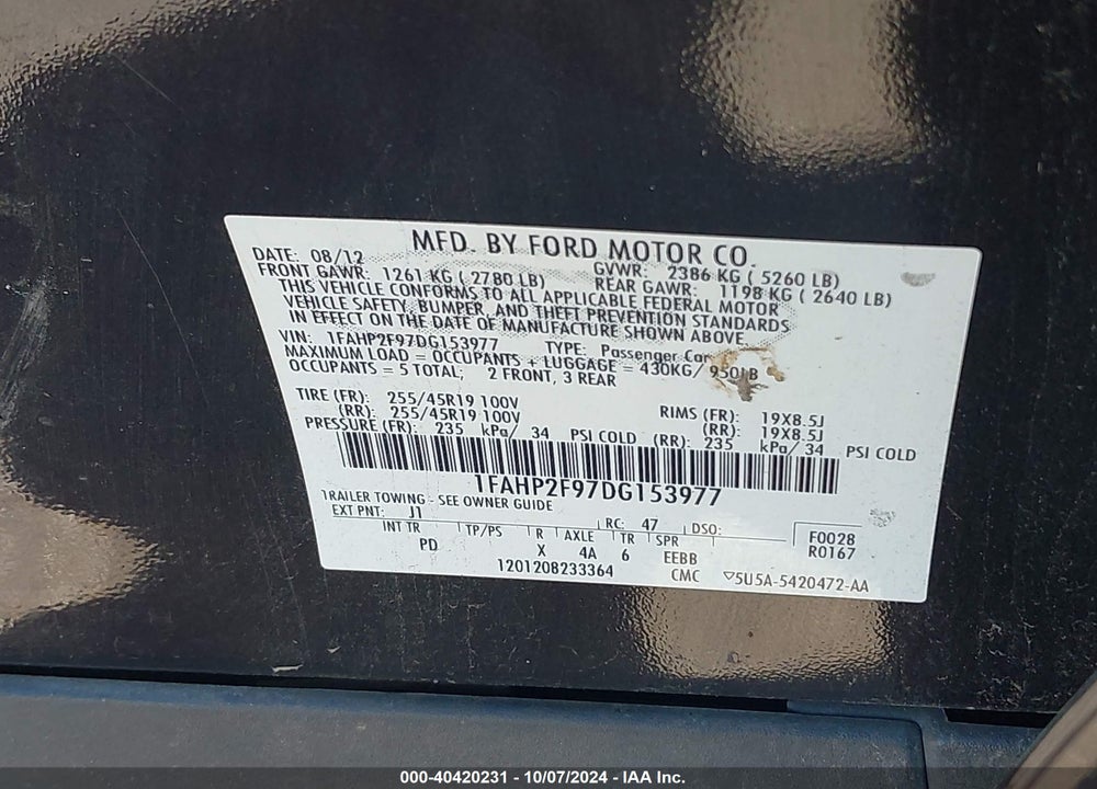 2013 FORD TAURUS LIMITED VIN: 1FAHP2F97DG153977