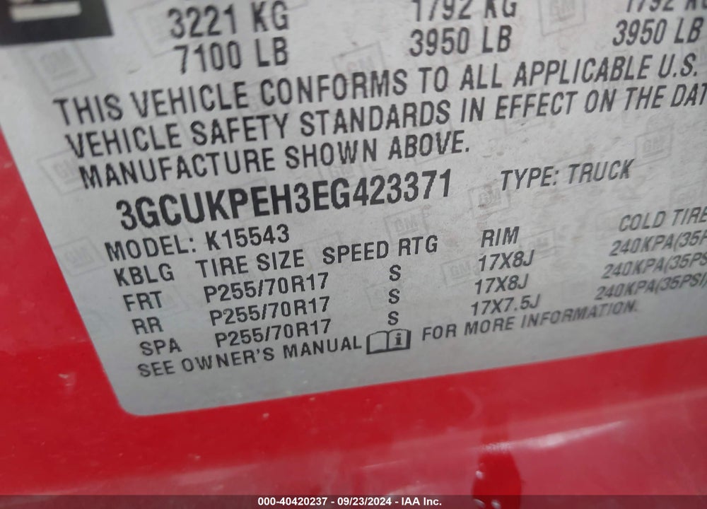 2014 CHEVROLET SILVERADO 1500 WORK TRUCK 1WT VIN: 3GCUKPEH3EG423371