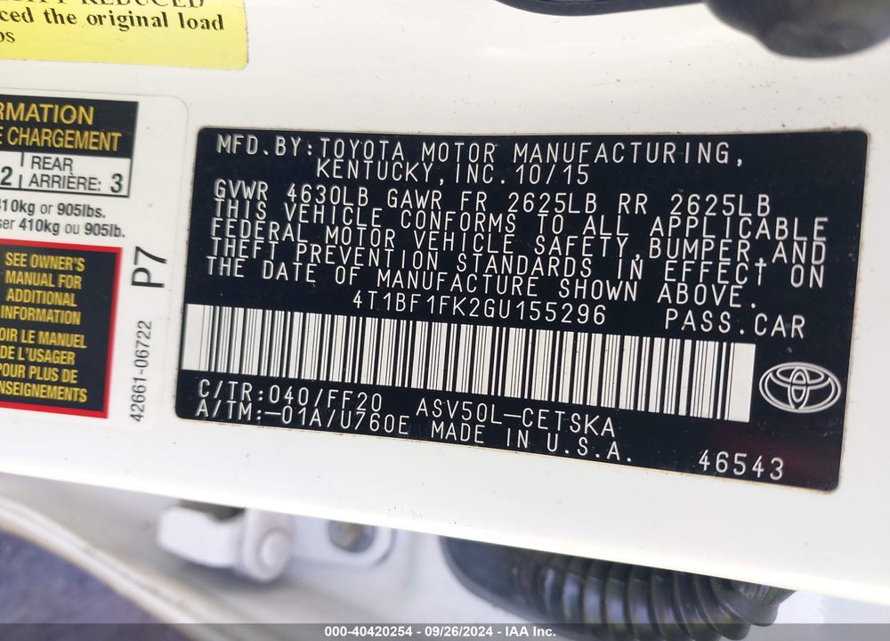 2016 TOYOTA CAMRY SE VIN: 4T1BF1FK2GU155296