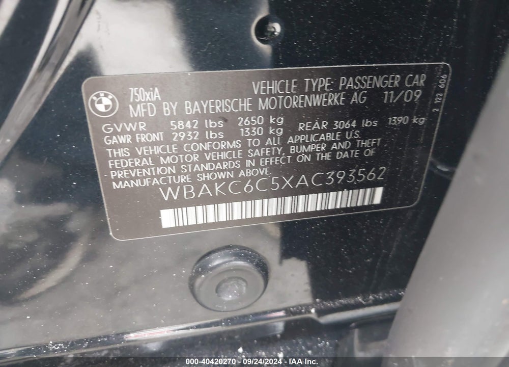 2010 BMW 750I XDRIVE VIN: WBAKC6C5XAC393562