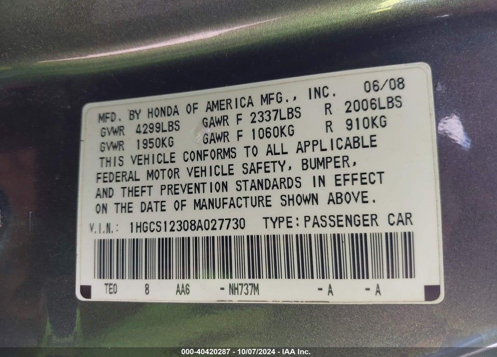2008 HONDA ACCORD 2.4 LX-S VIN: 1HGCS12308A027730