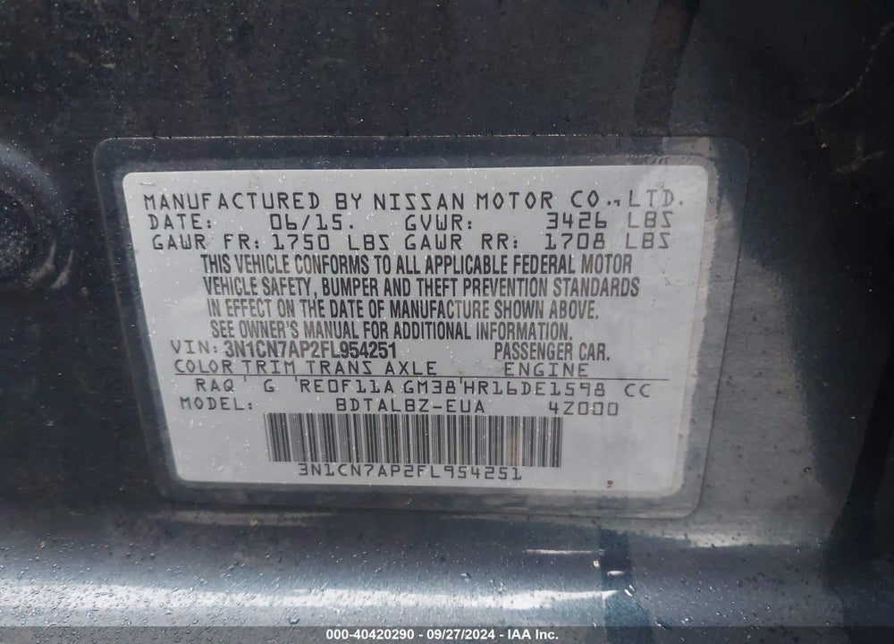 2015 NISSAN VERSA 1.6 SV VIN: 3N1CN7AP2FL954251