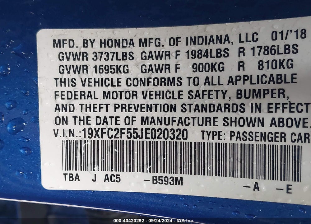 2018 HONDA CIVIC LX VIN: 19XFC2F55JE020320