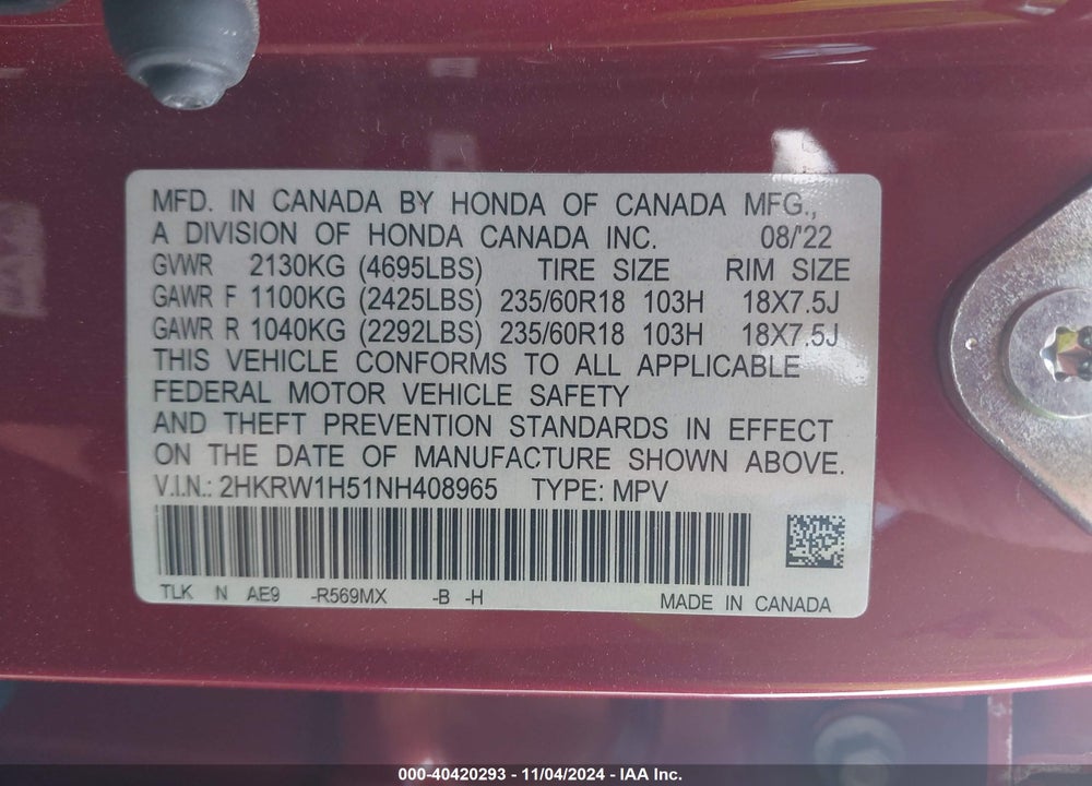 2022 HONDA CR-V 2WD EX VIN: 2HKRW1H51NH408965