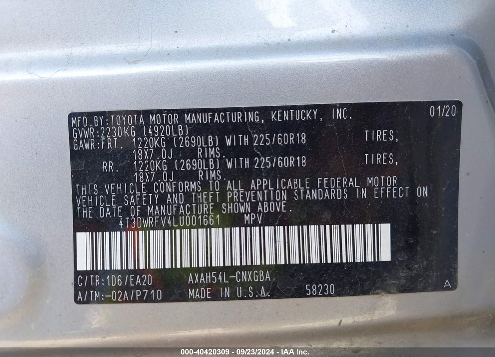2020 TOYOTA RAV4 HYBRID LIMITED VIN: 4T3DWRFV4LU001661