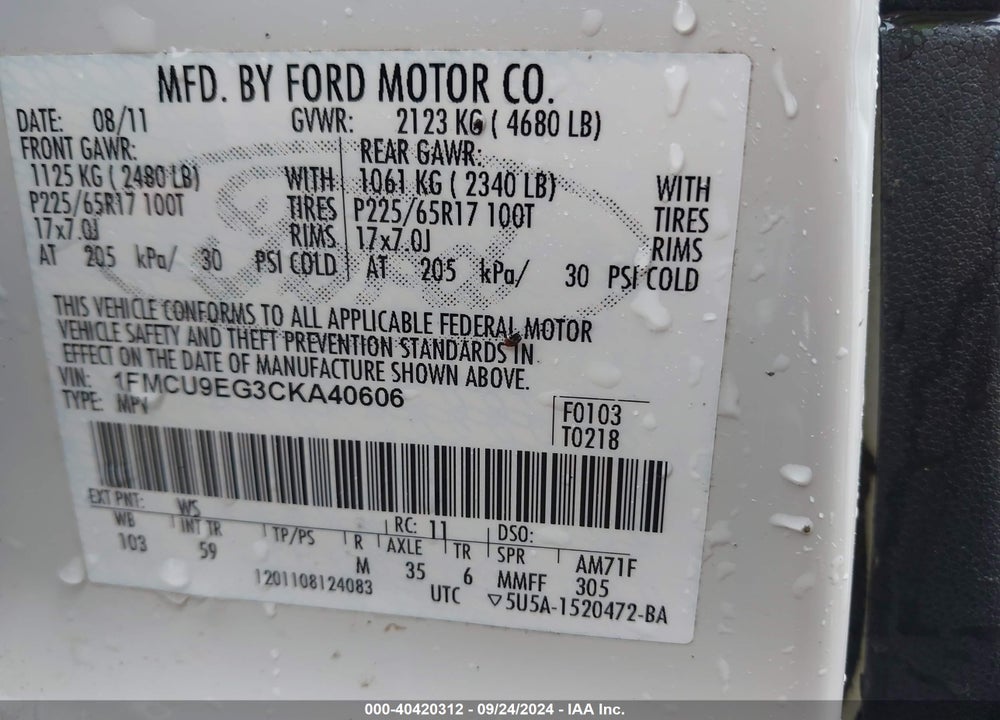 2012 FORD ESCAPE LIMITED VIN: 1FMCU9EG3CKA40606