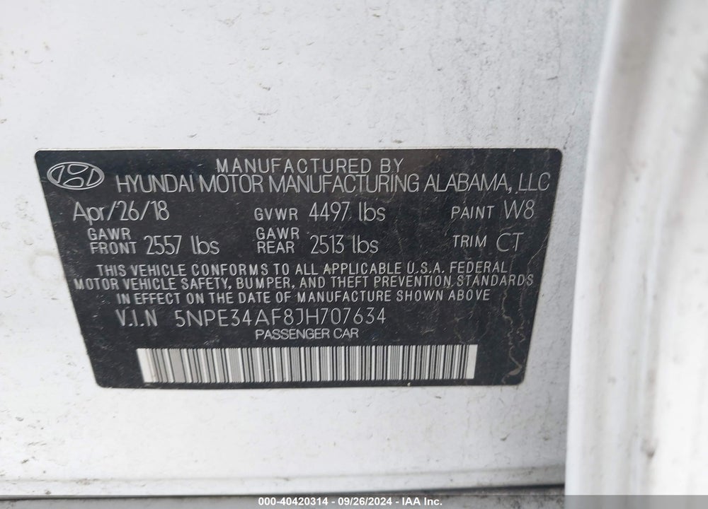 2018 HYUNDAI SONATA SPORT VIN: 5NPE34AF8JH707634