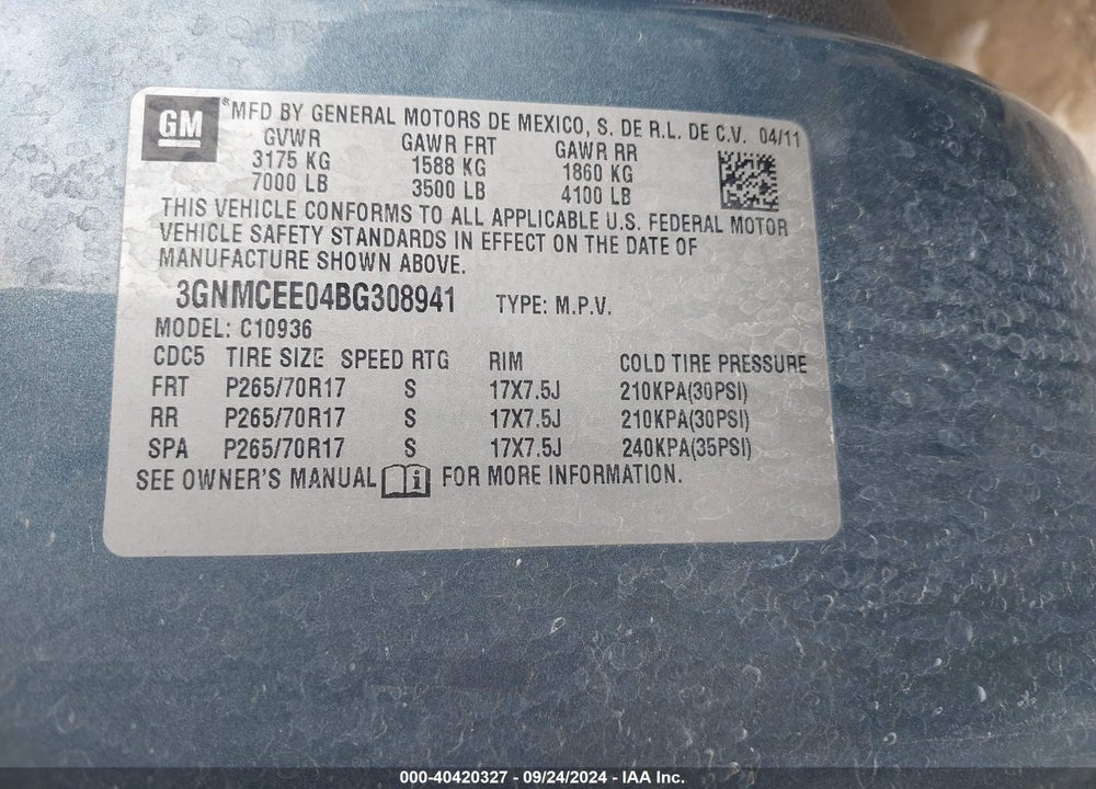 2011 CHEVROLET AVALANCHE 1500 LS VIN: 3GNMCEE04BG308941